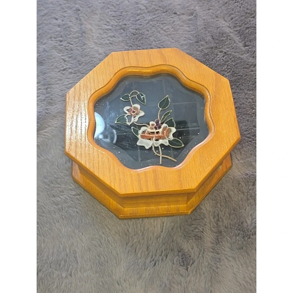 VTG Wooden Octagon Jewelry Box Floral Etched Glass Lid Mirror Inset Small‎ 70s